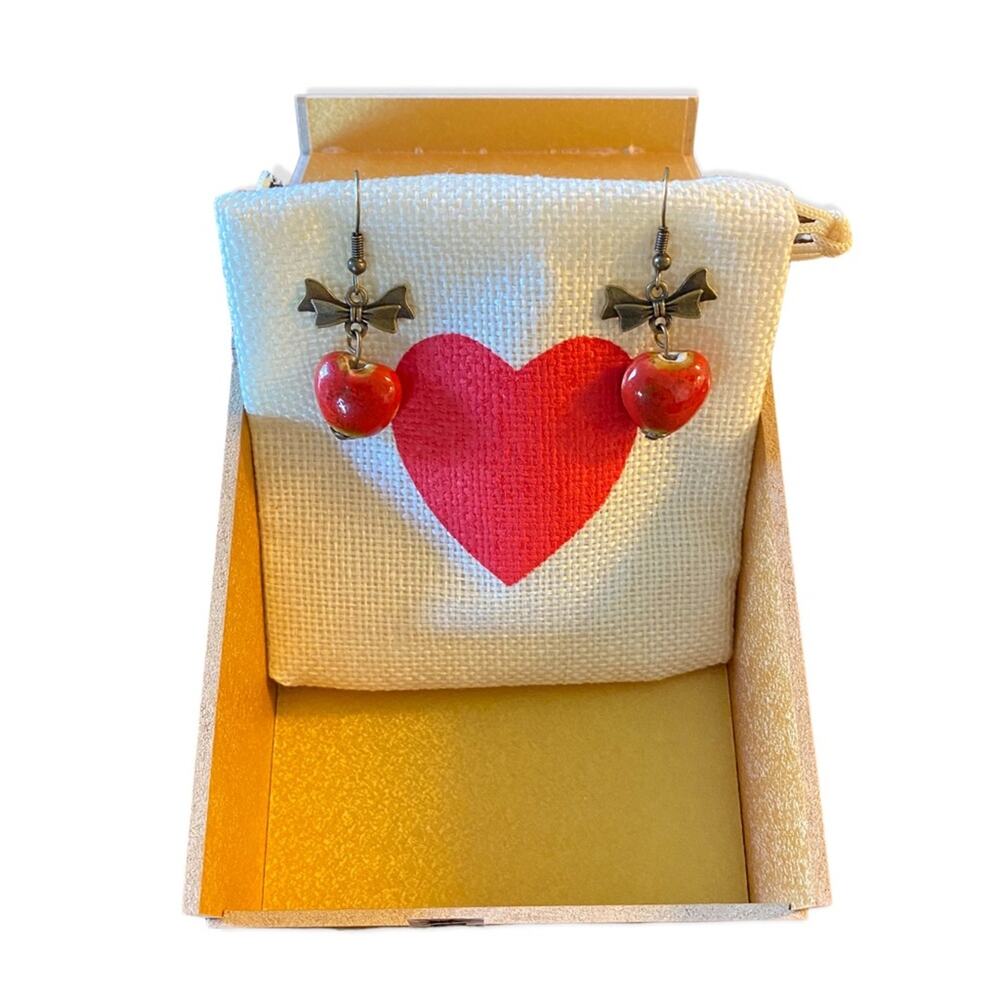 Red Heart And Bow Drop Earrings With Gift Box NEW